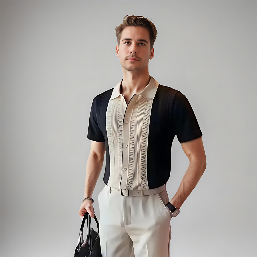 Colorblock Contrast Panel Open Collar Short Sleeve Knit Polo Shirt