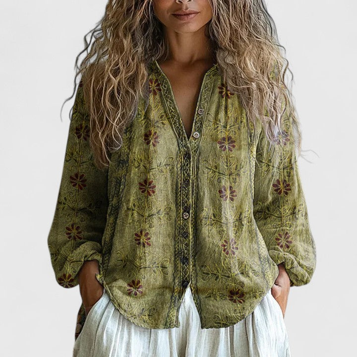 Dragonfly Print Contrast Trim Boho Linen Blouse Women