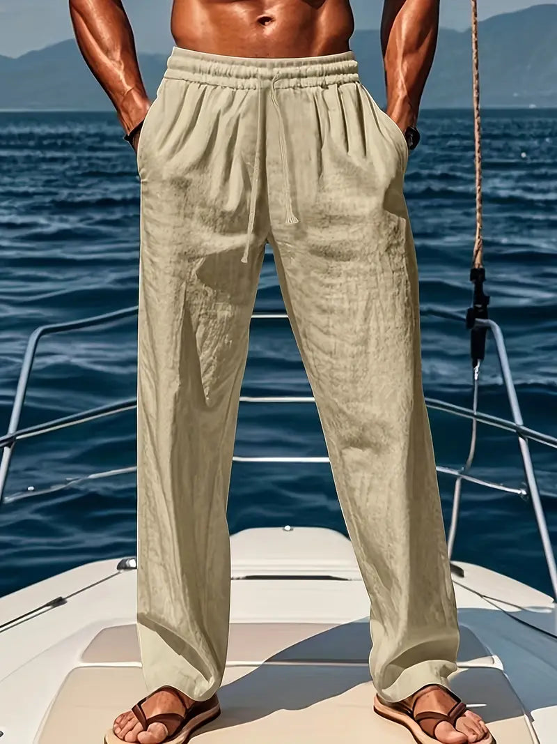 Drawstring Pleated Linen Mens Casual Trousers - Resort Loose Fit