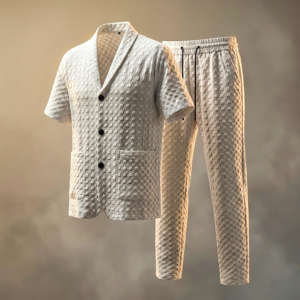 Textured Geometric Shawl Collar Short Sleeve Shirt and Pant Set