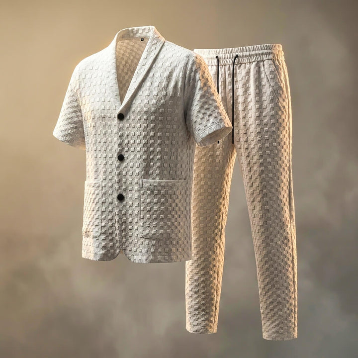 Textured Geometric Shawl Collar Short Sleeve Shirt and Pant Set