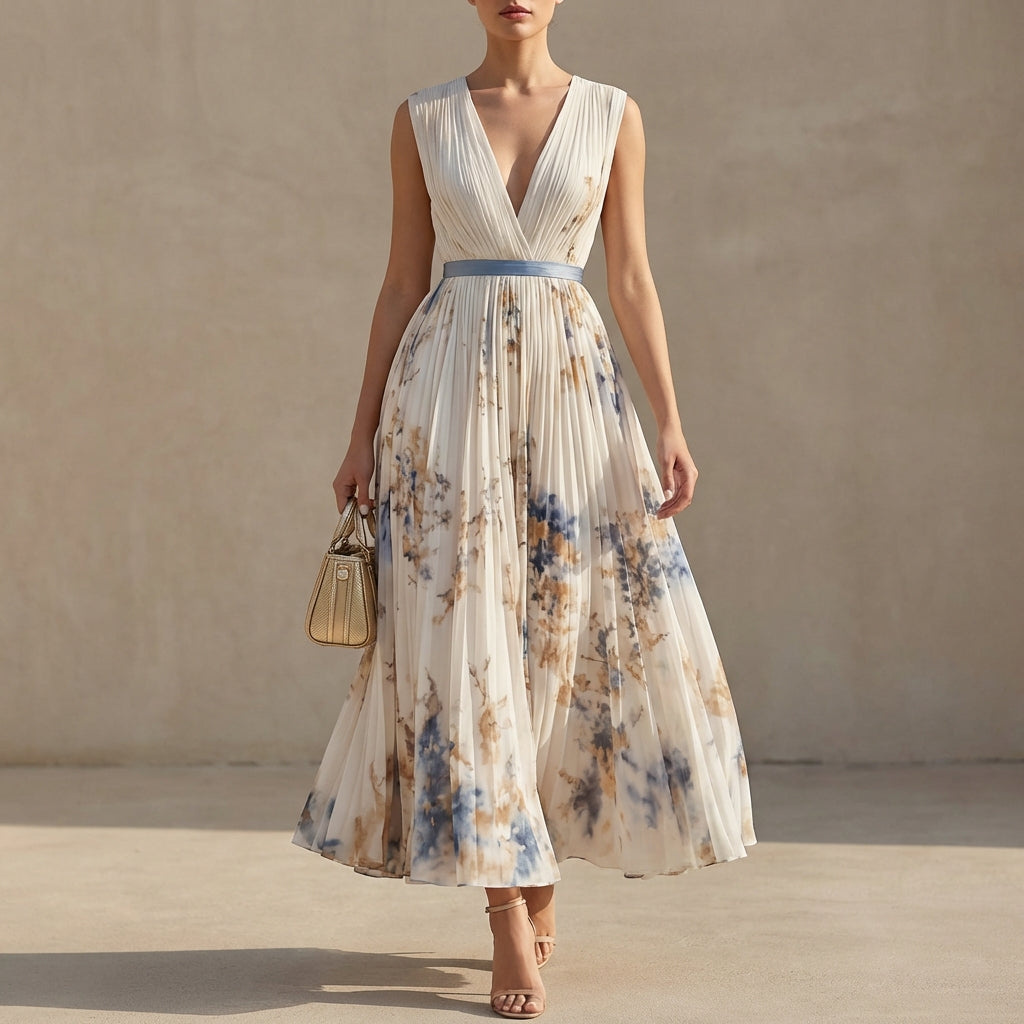 Women's Floral Pleated Maxi Dress Deep V Neck Sleeveless Wedding Guest