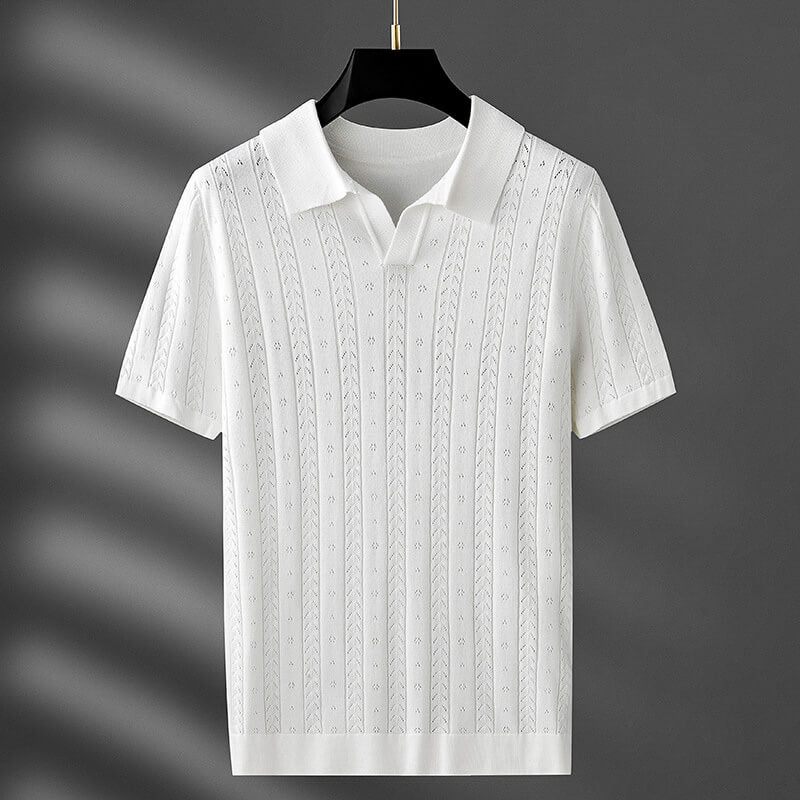Cable Knit Texture Open Collar Short Sleeve Polo Shirt