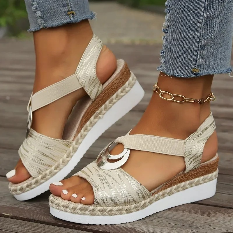 Metallic Ring Elastic Strap Espadrille Wedge Summer Sandals Women