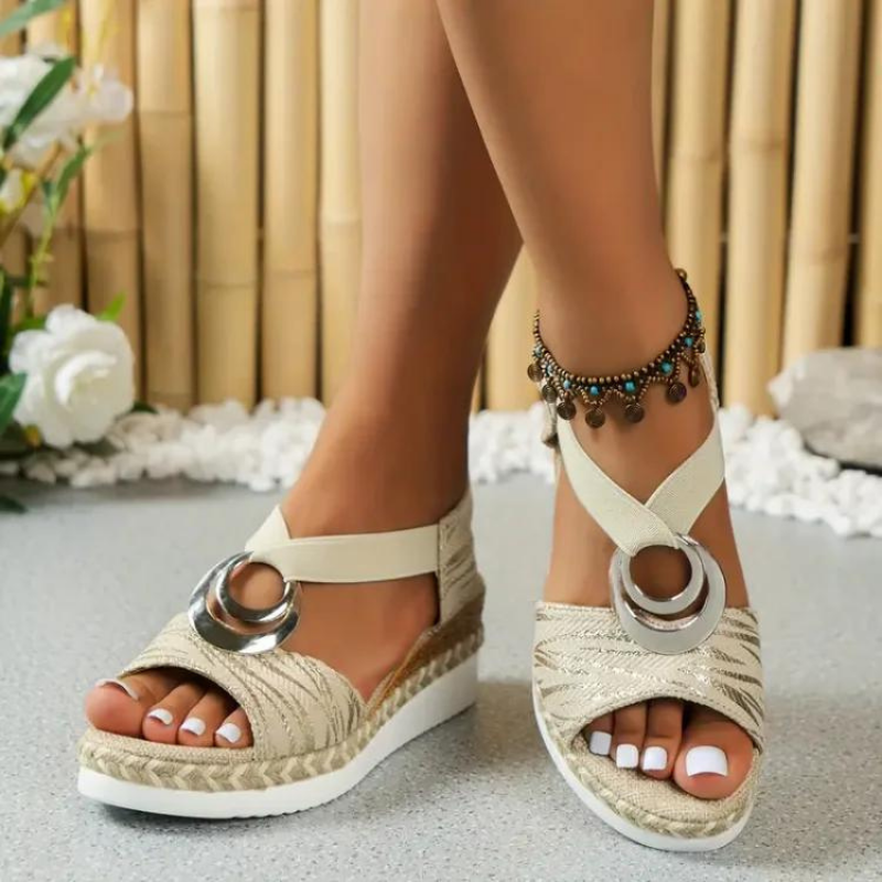 Metallic Ring Elastic Strap Espadrille Wedge Summer Sandals Women
