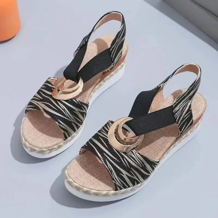 Metallic Ring Elastic Strap Espadrille Wedge Summer Sandals Women