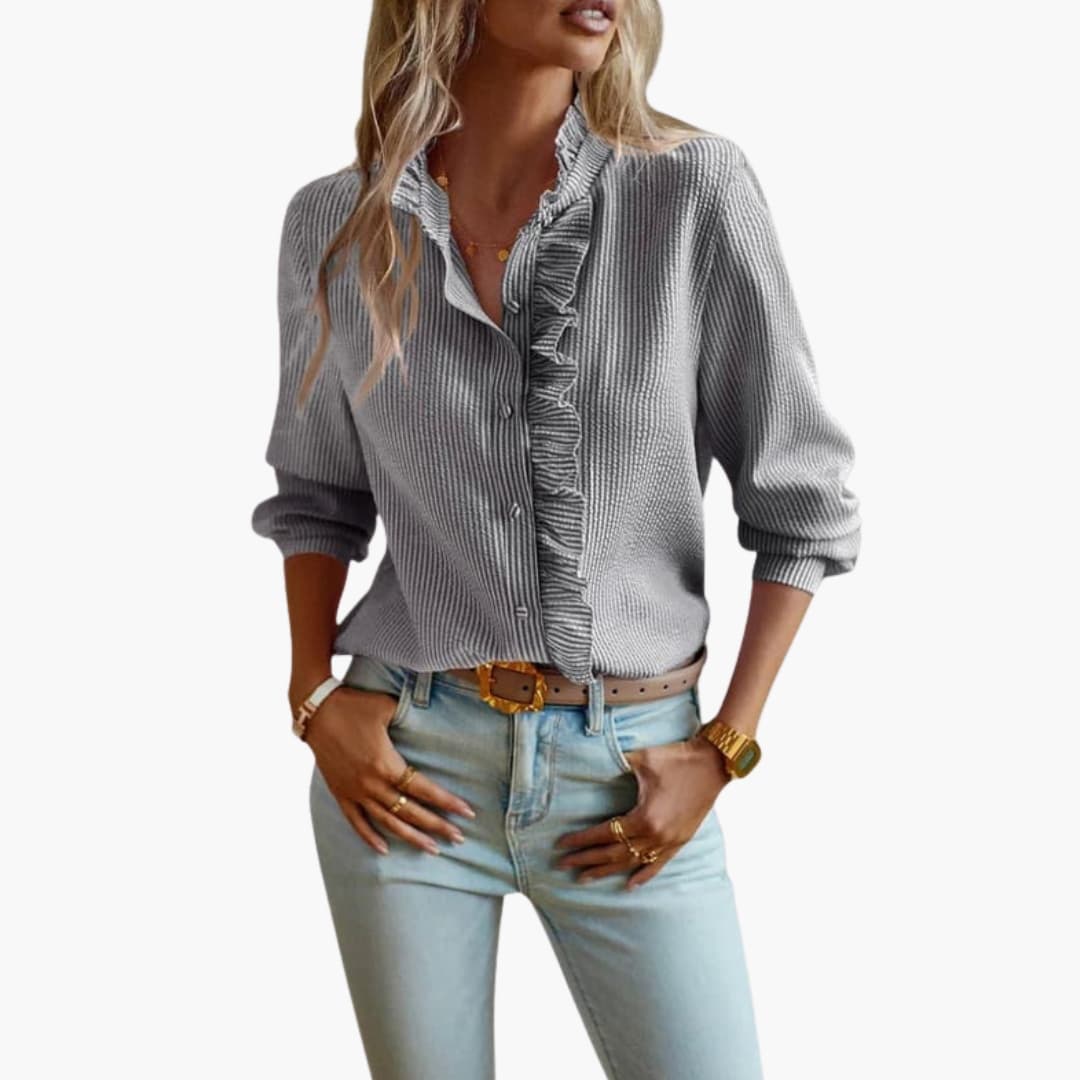 Ruffle Trim Textured Button Down Blouse Women