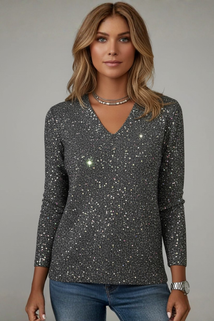 Georgina | Women's Sparkle V-Neck Top with Long Sleeves