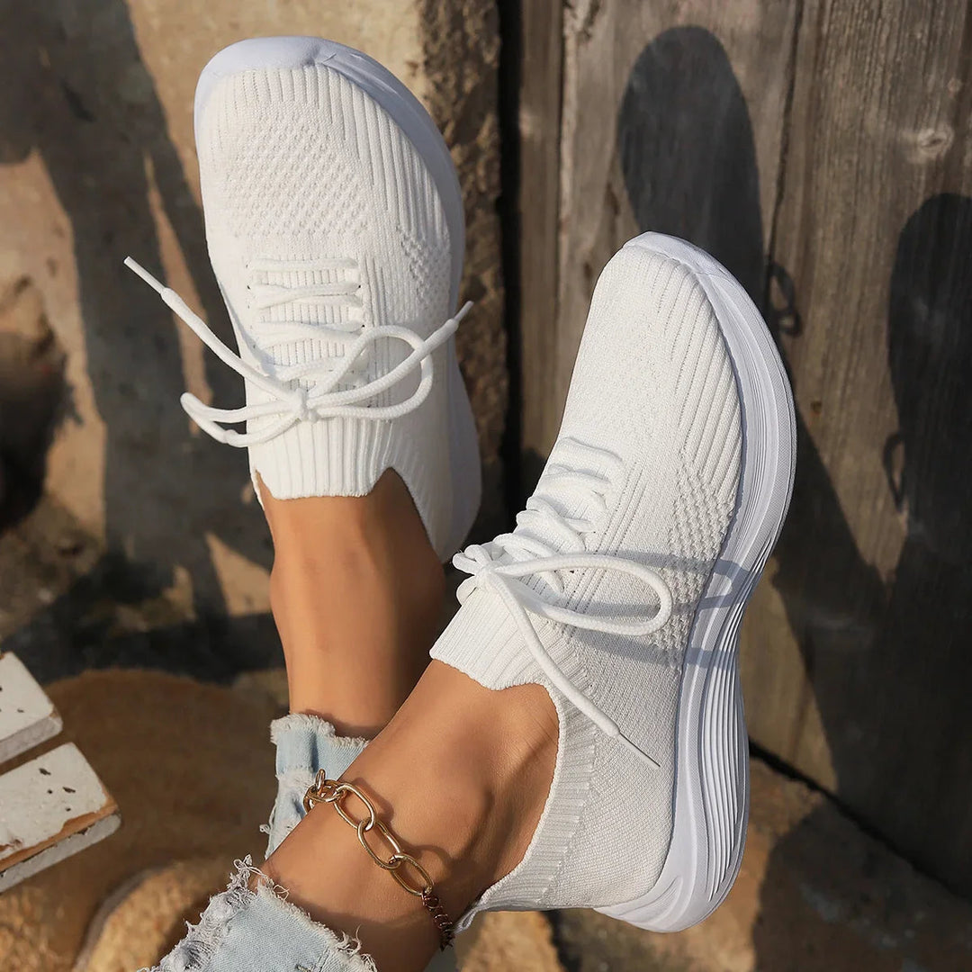 Ribbed Knit Sock Upper Lace Up Flatform Sneakers Women