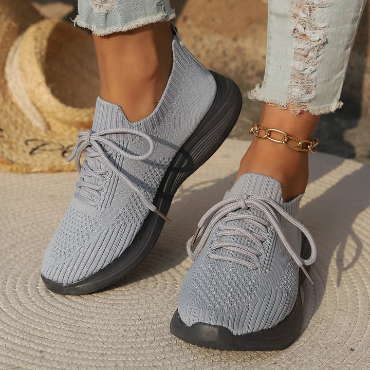 Ribbed Knit Sock Upper Lace Up Flatform Sneakers Women