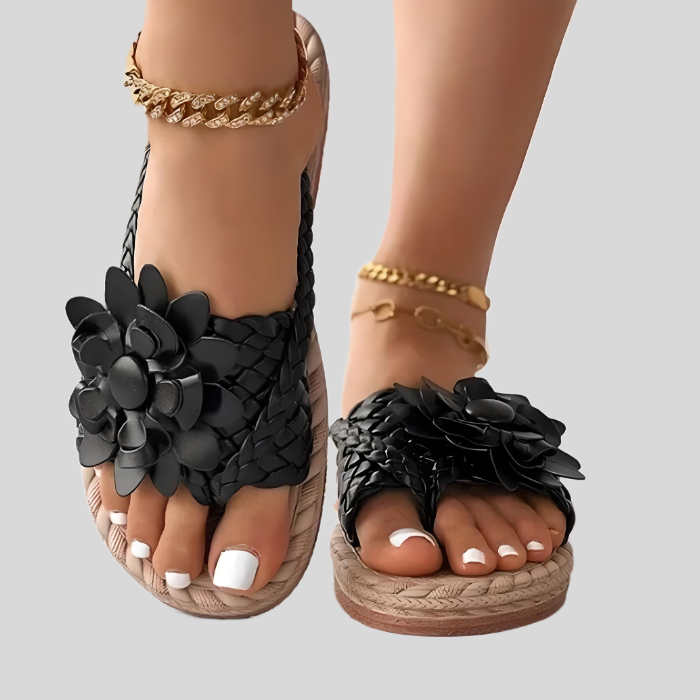 Floral Applique Woven Strap Flat Sandals Women