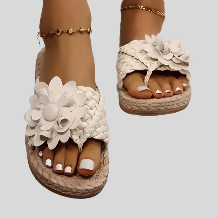 Floral Applique Woven Strap Flat Sandals Women