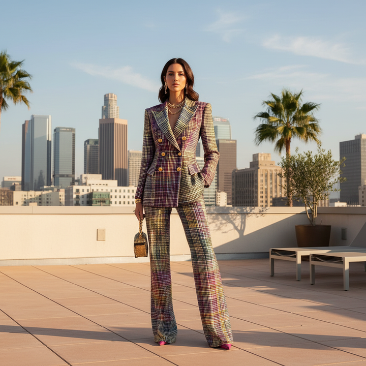 Plaid Double Breasted Gold Button Blazer and Wide Leg Pant Set