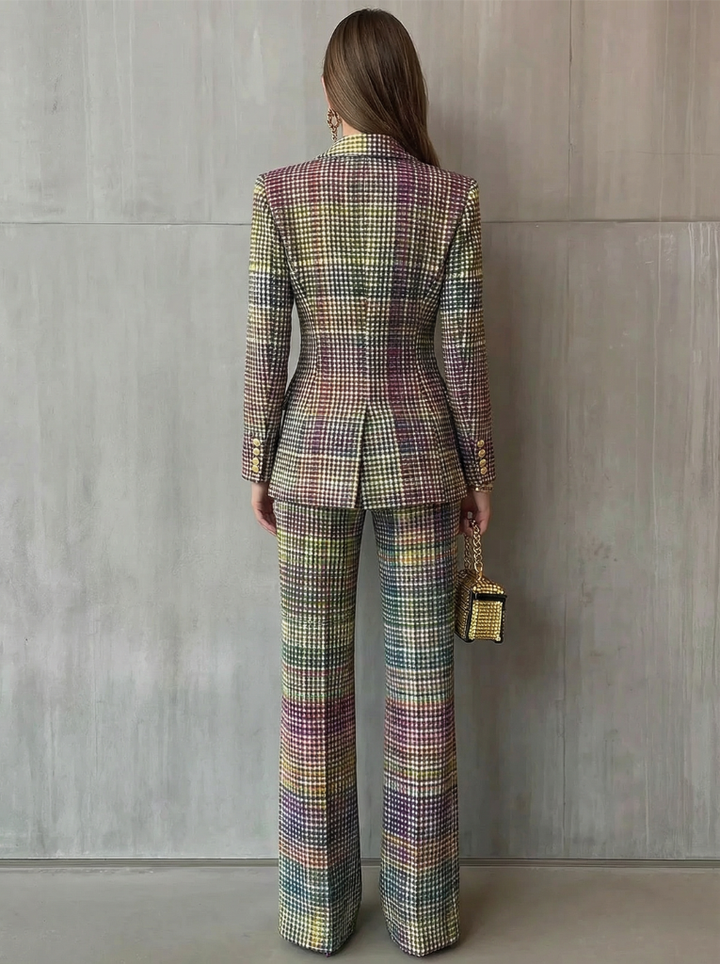 Plaid Double Breasted Gold Button Blazer and Wide Leg Pant Set
