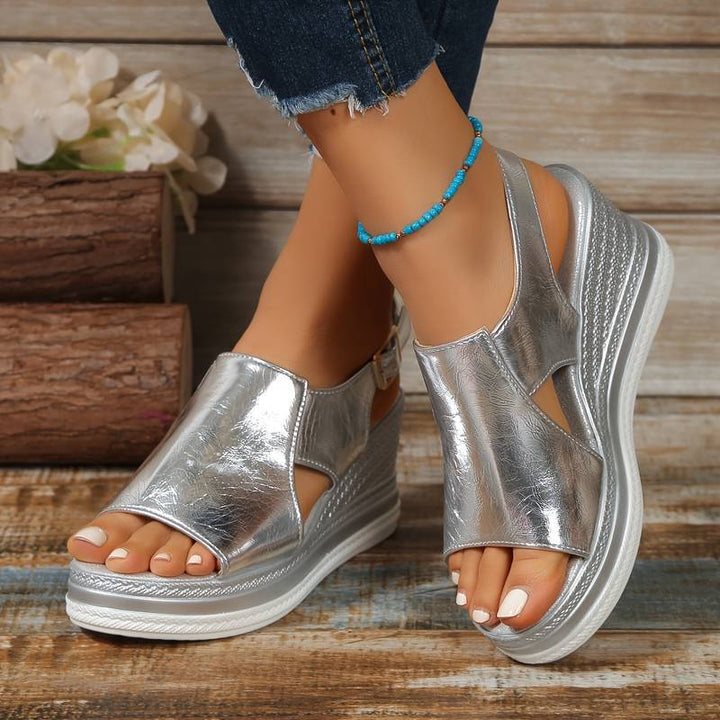 Metallic Cut Out Hook & Loop Platform Wedge Sandals Women