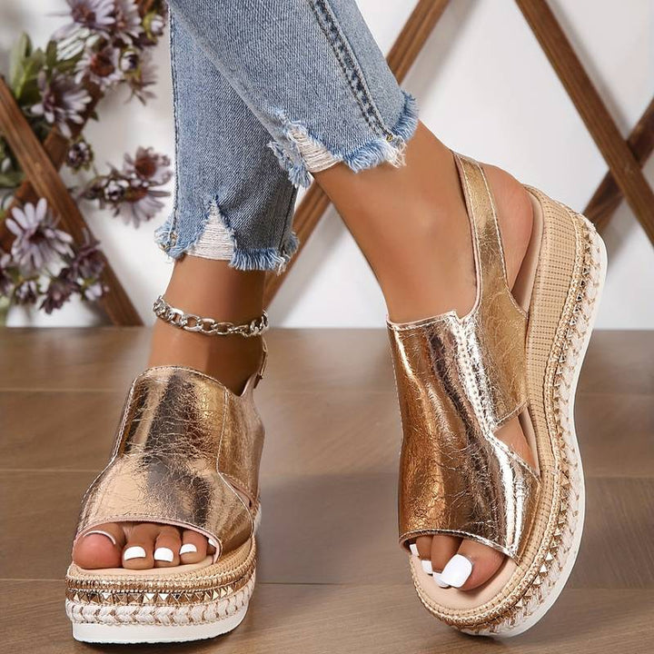 Metallic Cut Out Hook & Loop Platform Wedge Sandals Women