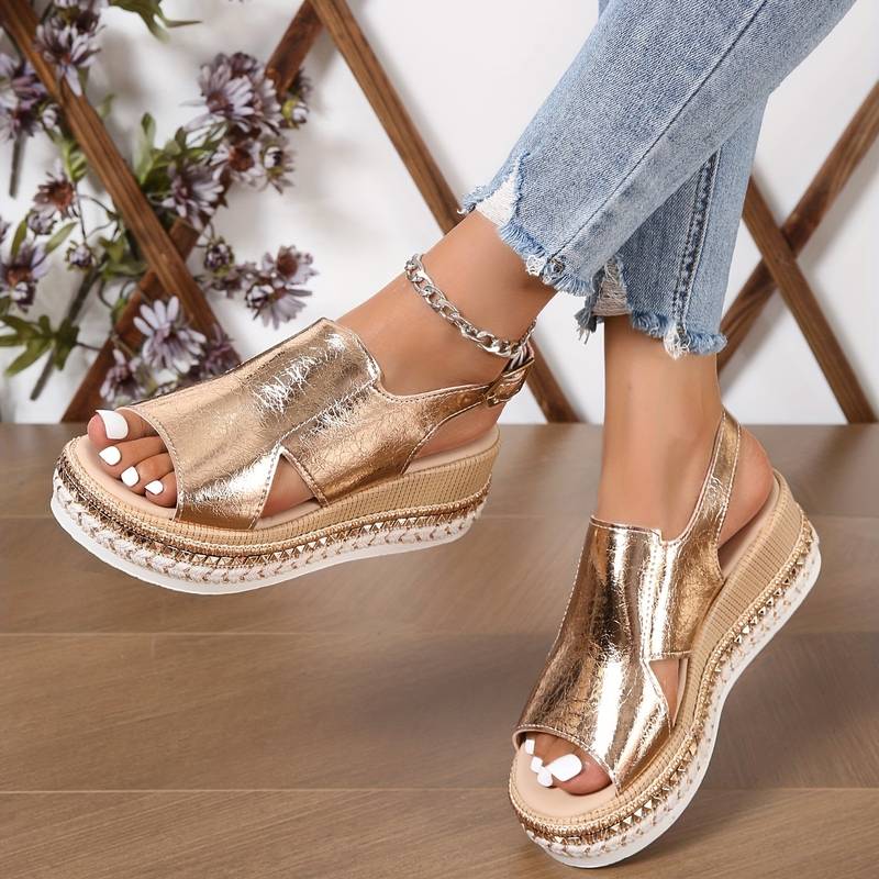 Metallic Cut Out Hook & Loop Platform Wedge Sandals Women