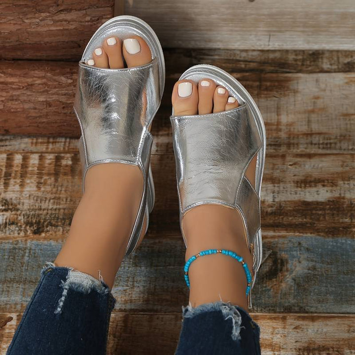 Metallic Cut Out Hook & Loop Platform Wedge Sandals Women