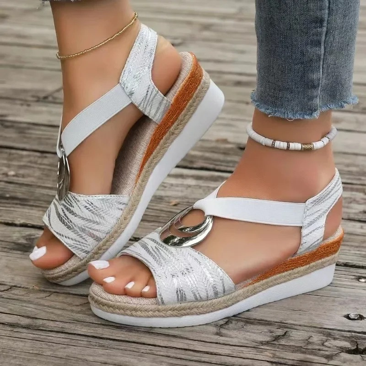 Metal Ring Elastic Strap Espadrille Platform Wedge Sandals Women