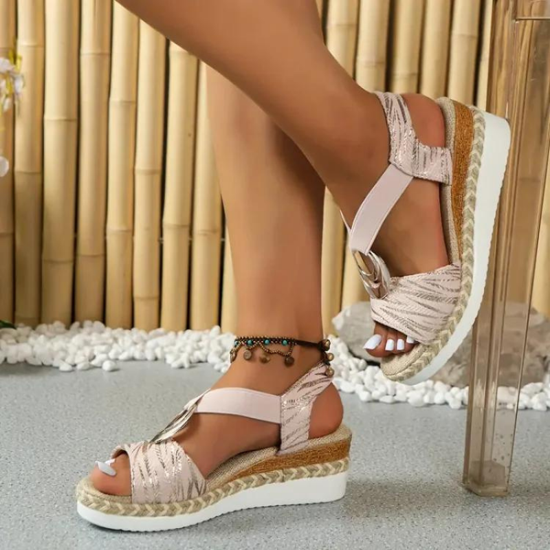 Metal Ring Elastic Strap Espadrille Platform Wedge Sandals Women