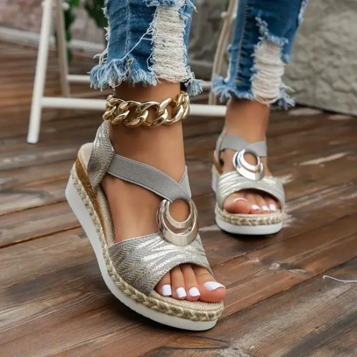 Metal Ring Elastic Strap Espadrille Platform Wedge Sandals Women