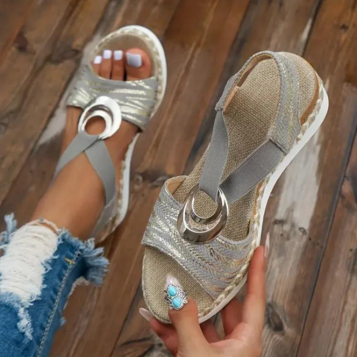 Metal Ring Elastic Strap Espadrille Platform Wedge Sandals Women