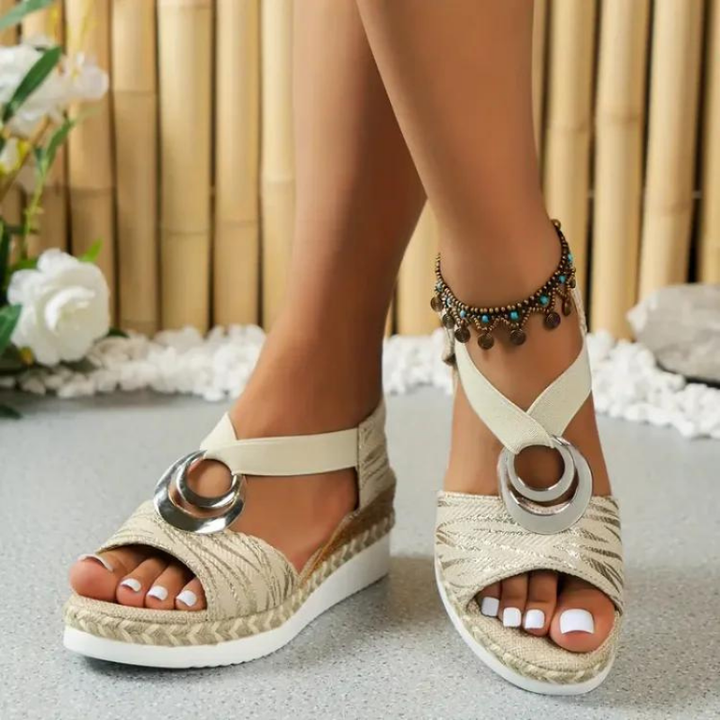 Metal Ring Elastic Strap Espadrille Platform Wedge Sandals Women