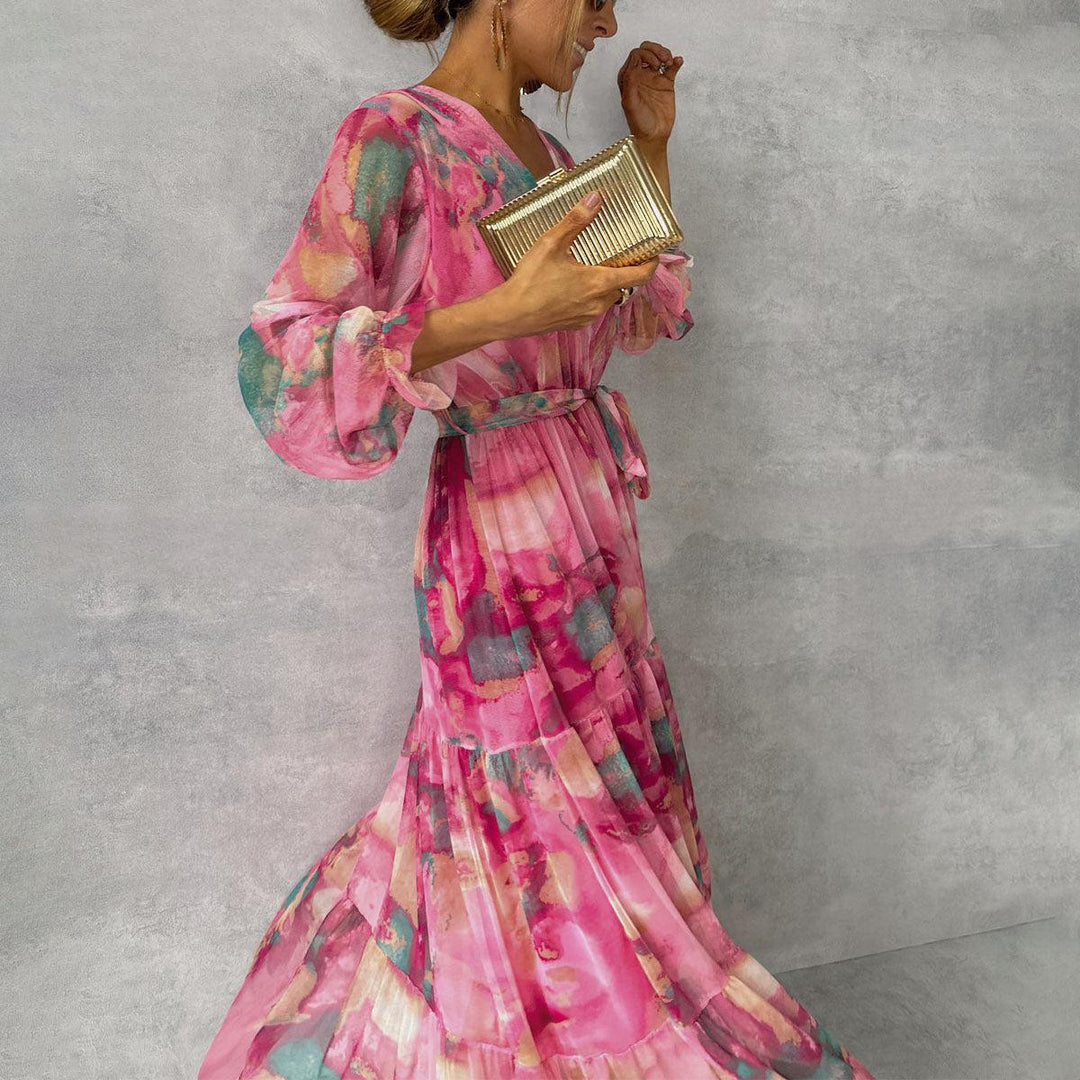 Women's Floral Wrap Maxi Dress Long Sleeve Tiered Wedding Guest