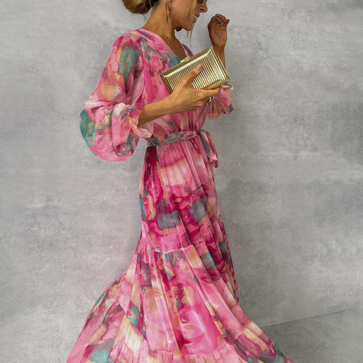 Women's Floral Wrap Maxi Dress Long Sleeve Tiered Wedding Guest