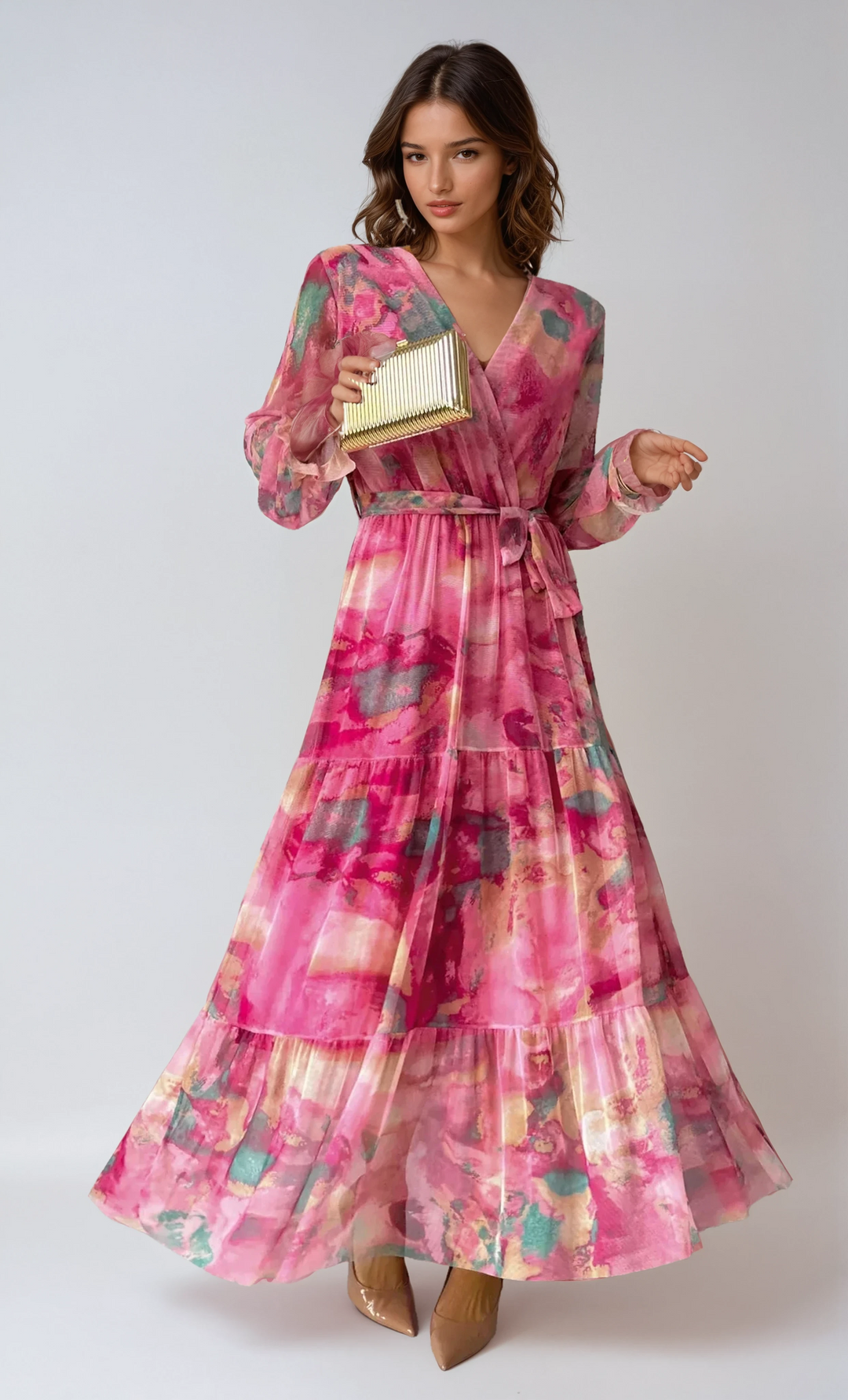 Women's Floral Wrap Maxi Dress Long Sleeve Tiered Wedding Guest
