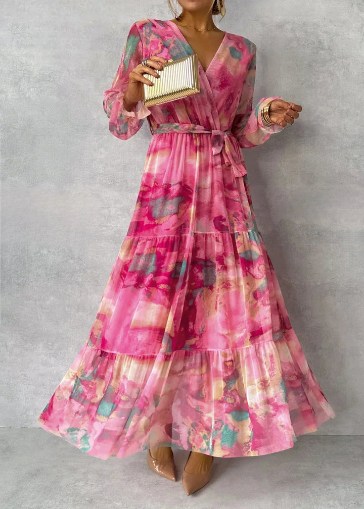 Women's Floral Wrap Maxi Dress Long Sleeve Tiered Wedding Guest