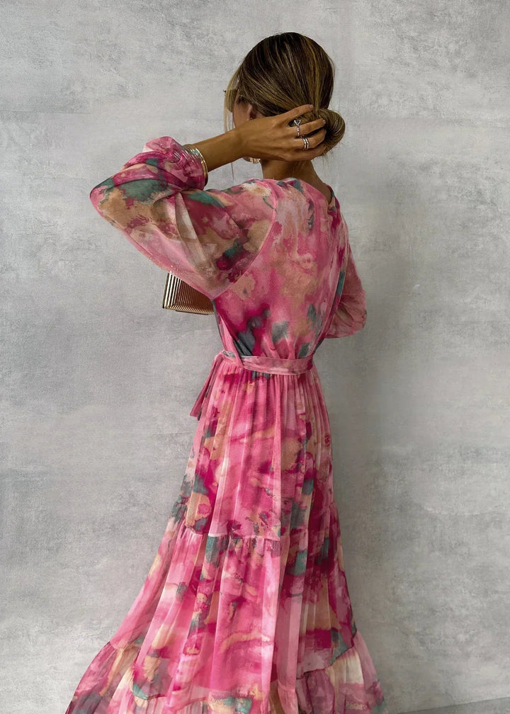 Women's Floral Wrap Maxi Dress Long Sleeve Tiered Wedding Guest