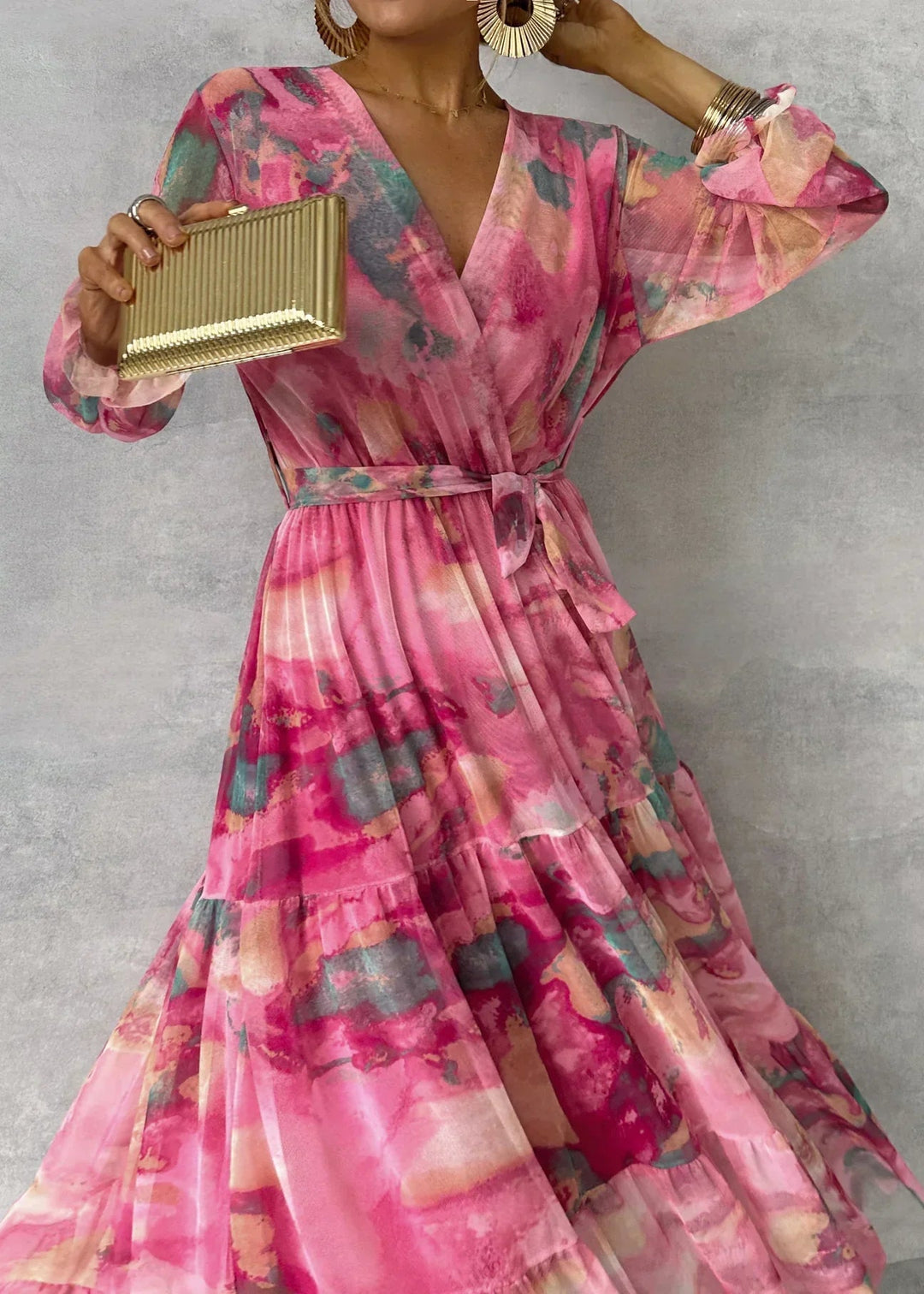Women's Floral Wrap Maxi Dress Long Sleeve Tiered Wedding Guest