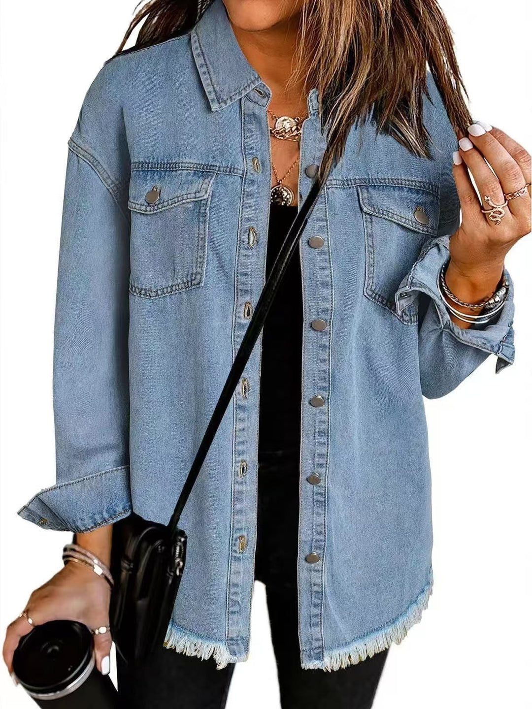 Ambrosine | Women's Longline Denim Jacket with Frayed Hem