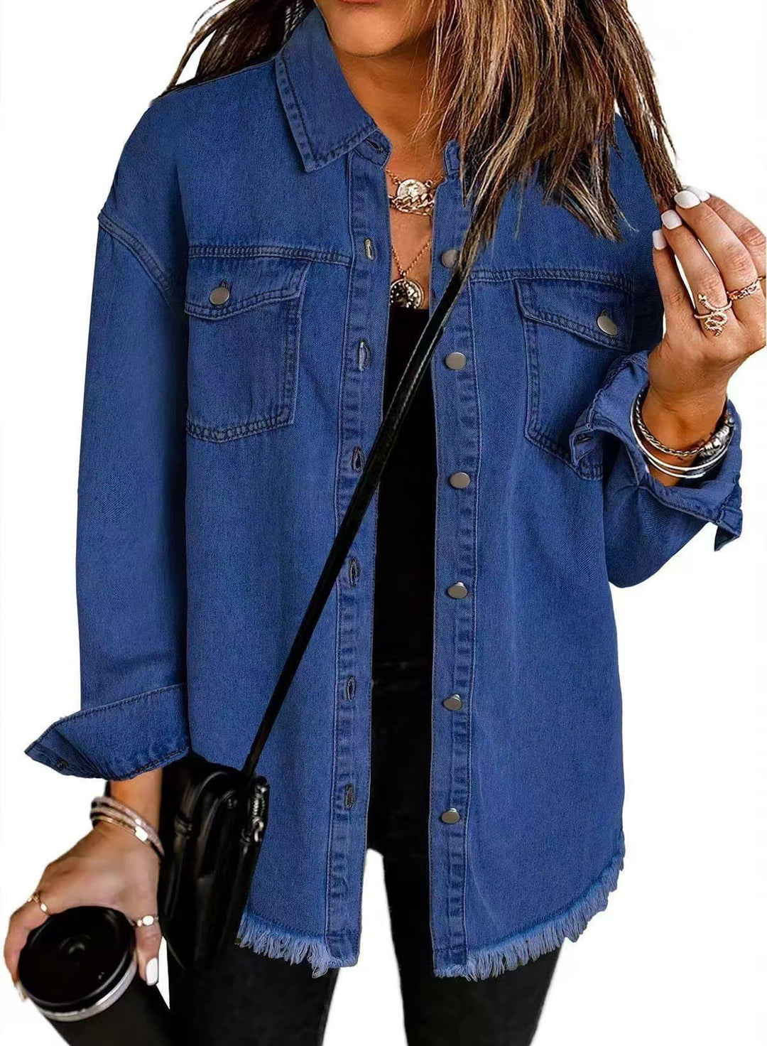 Ambrosine | Women's Longline Denim Jacket with Frayed Hem