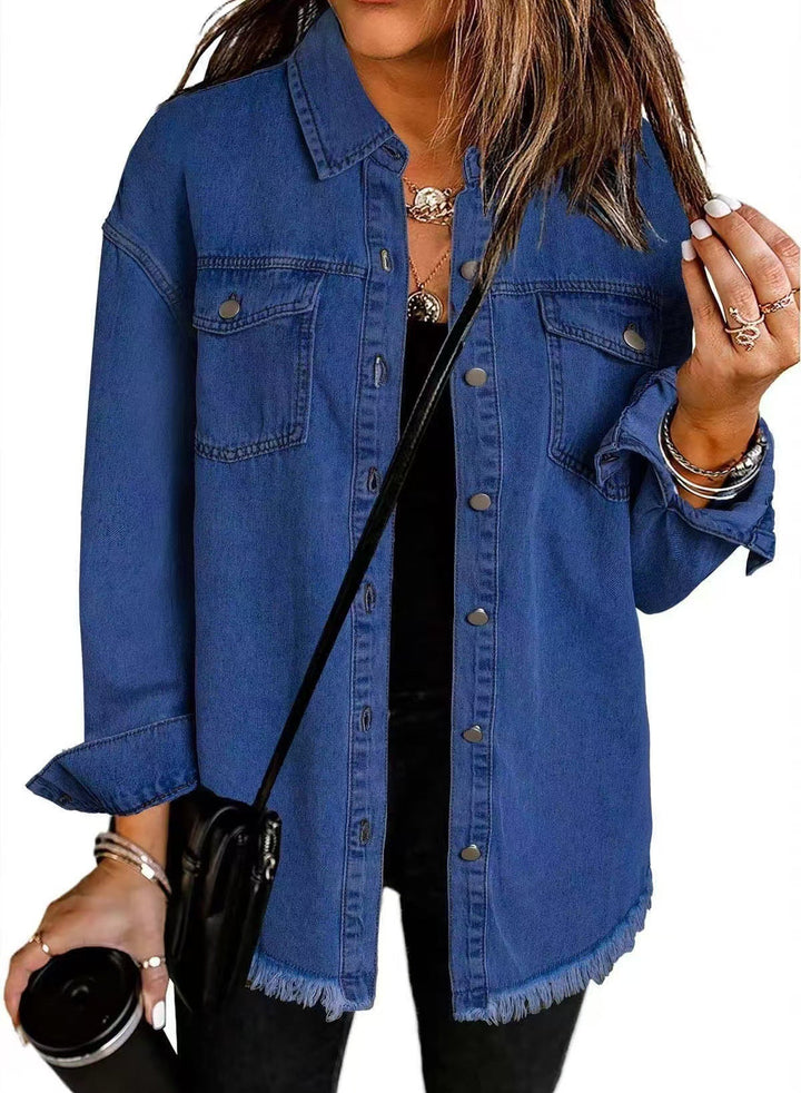 Ambrosine | Women's Longline Denim Jacket with Frayed Hem