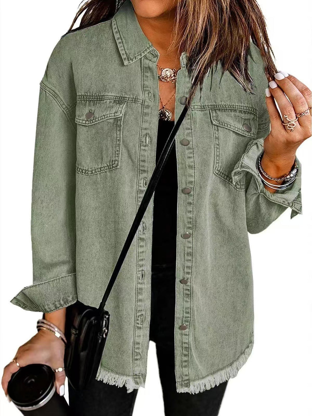 Ambrosine | Women's Longline Denim Jacket with Frayed Hem