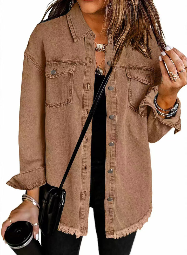 Ambrosine | Women's Longline Denim Jacket with Frayed Hem
