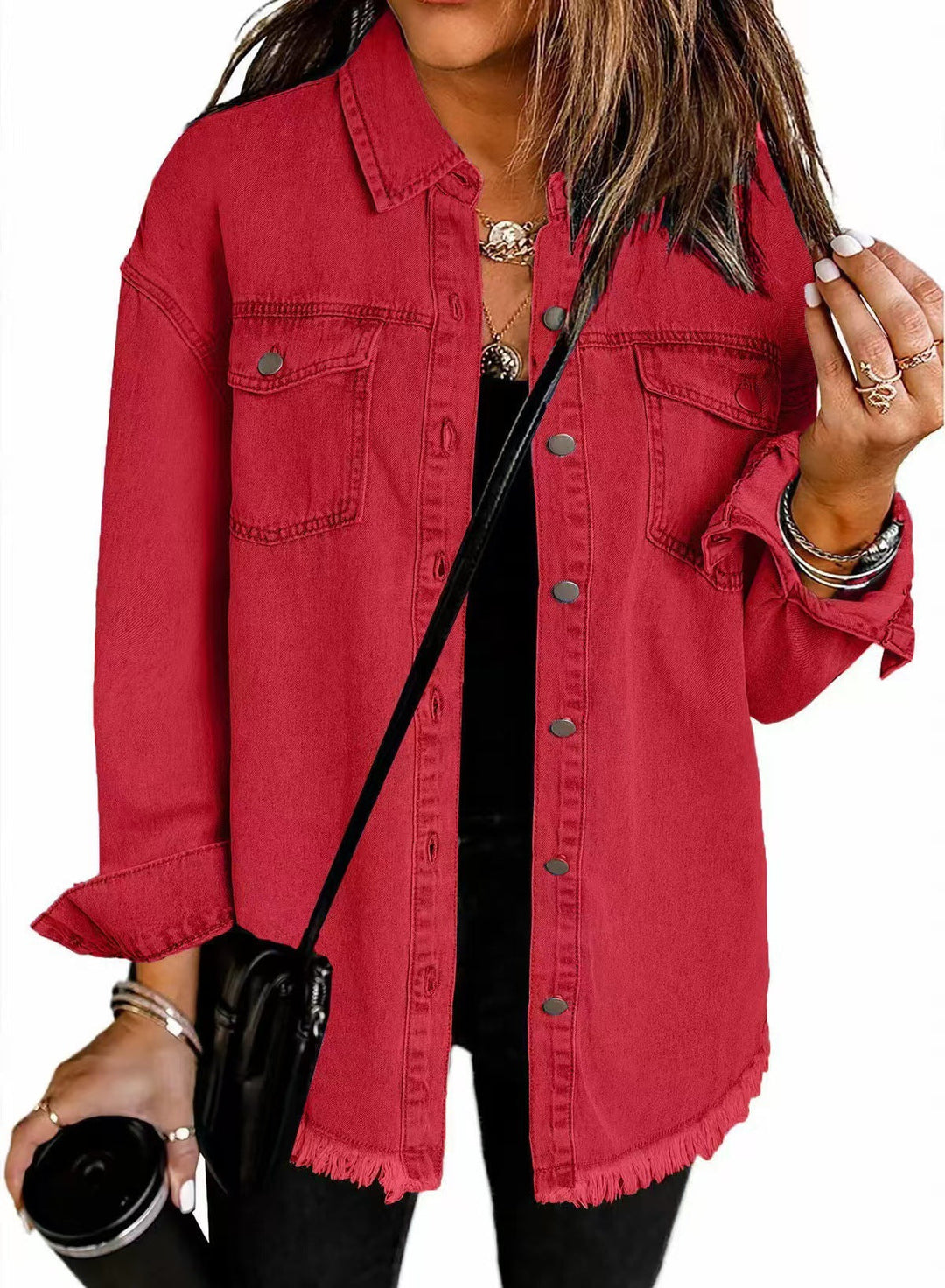 Ambrosine | Women's Longline Denim Jacket with Frayed Hem