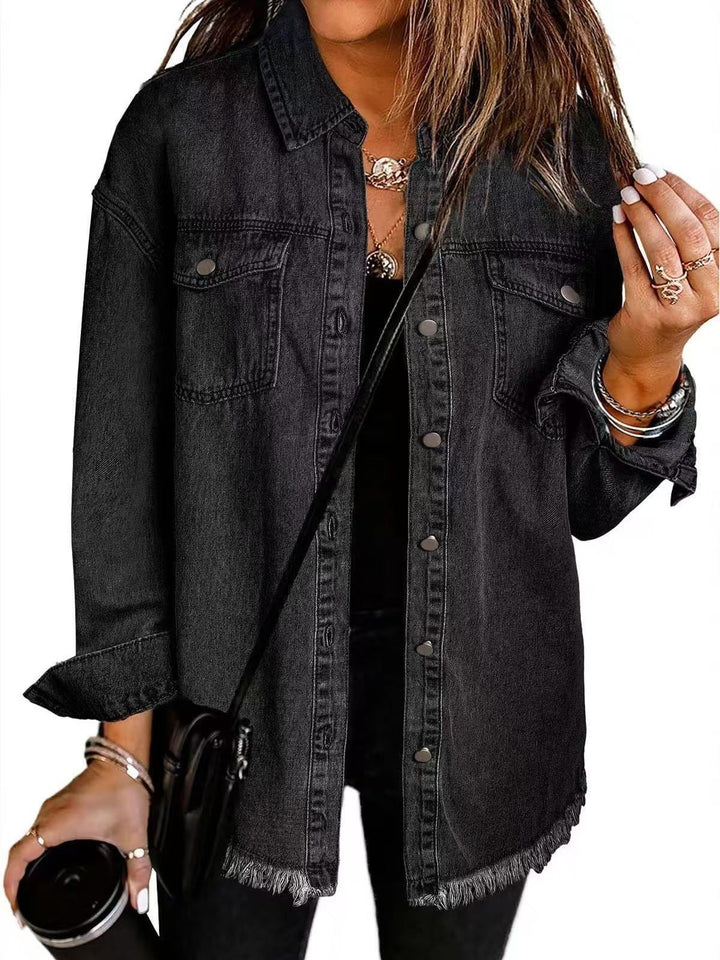 Ambrosine | Women's Longline Denim Jacket with Frayed Hem