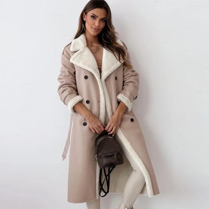 Delphine | Women's Faux Leather Longline Coat with Shearling Lapel
