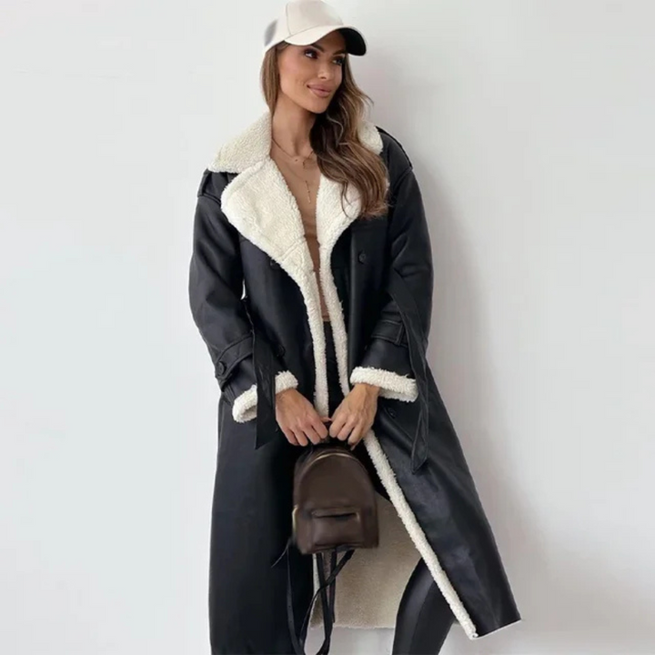 Delphine | Women's Faux Leather Longline Coat with Shearling Lapel
