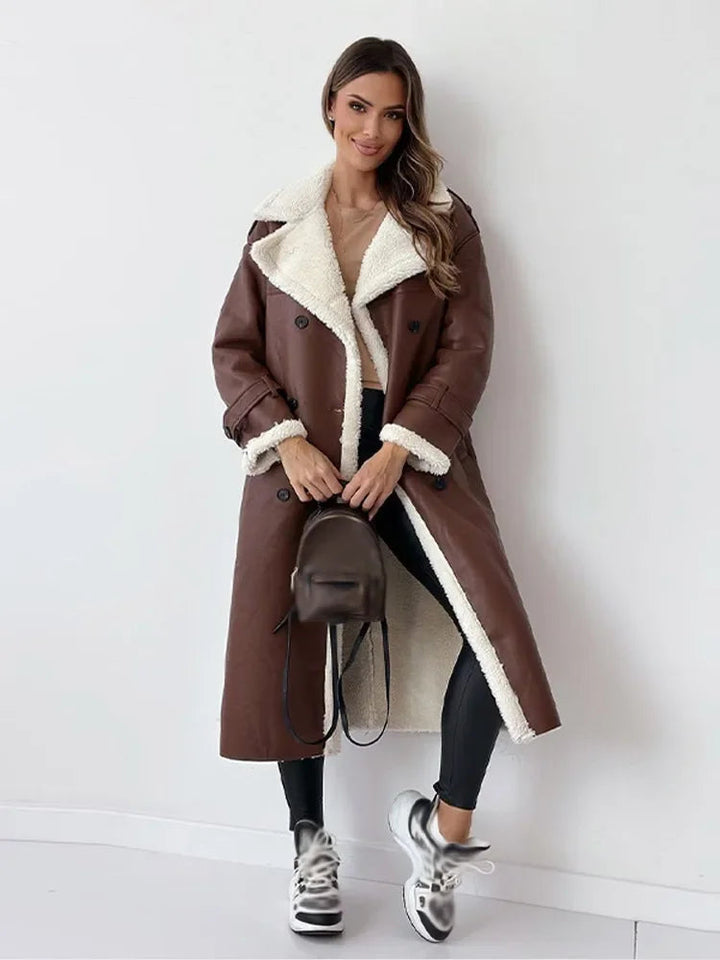 Delphine | Women's Faux Leather Longline Coat with Shearling Lapel