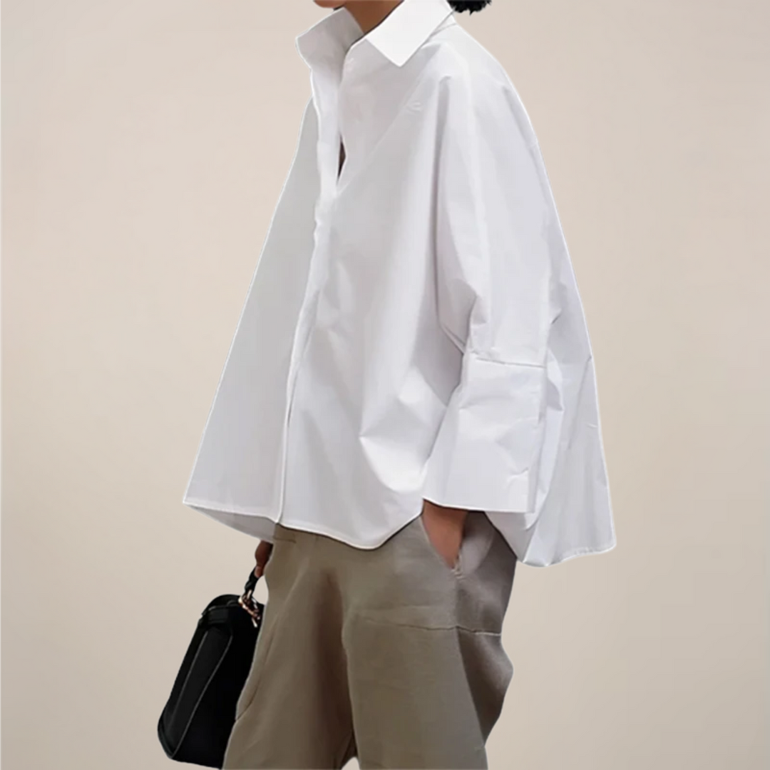 Oversized Wide Sleeve Open Collar Relaxed Cotton Blouse
