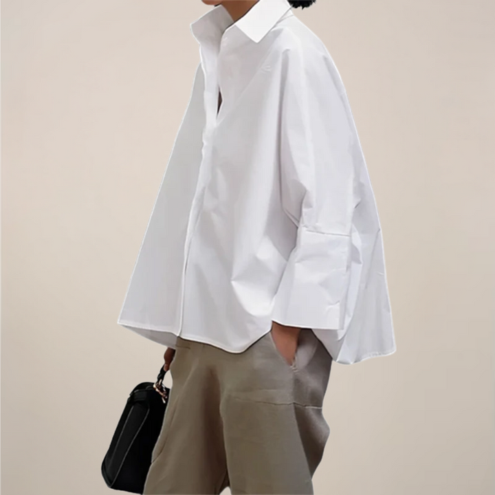 Oversized Wide Sleeve Open Collar Relaxed Cotton Blouse