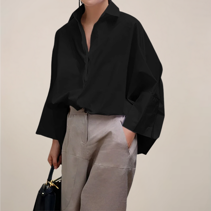 Oversized Wide Sleeve Open Collar Relaxed Cotton Blouse
