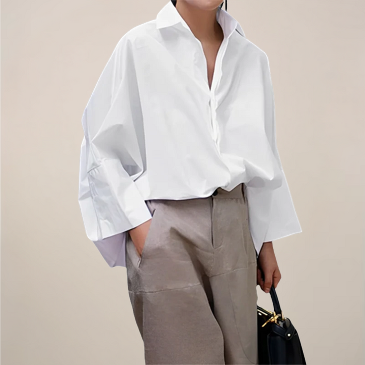 Oversized Wide Sleeve Open Collar Relaxed Cotton Blouse