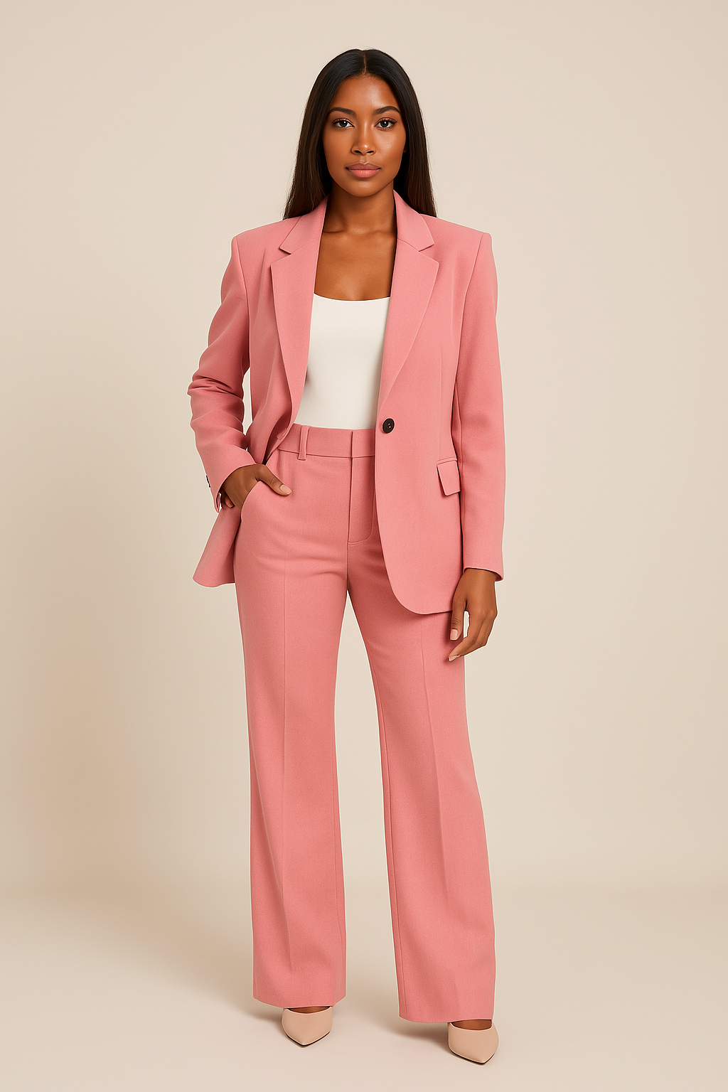 Tailored Single Button Blazer Flare Trouser Suit Set Women
