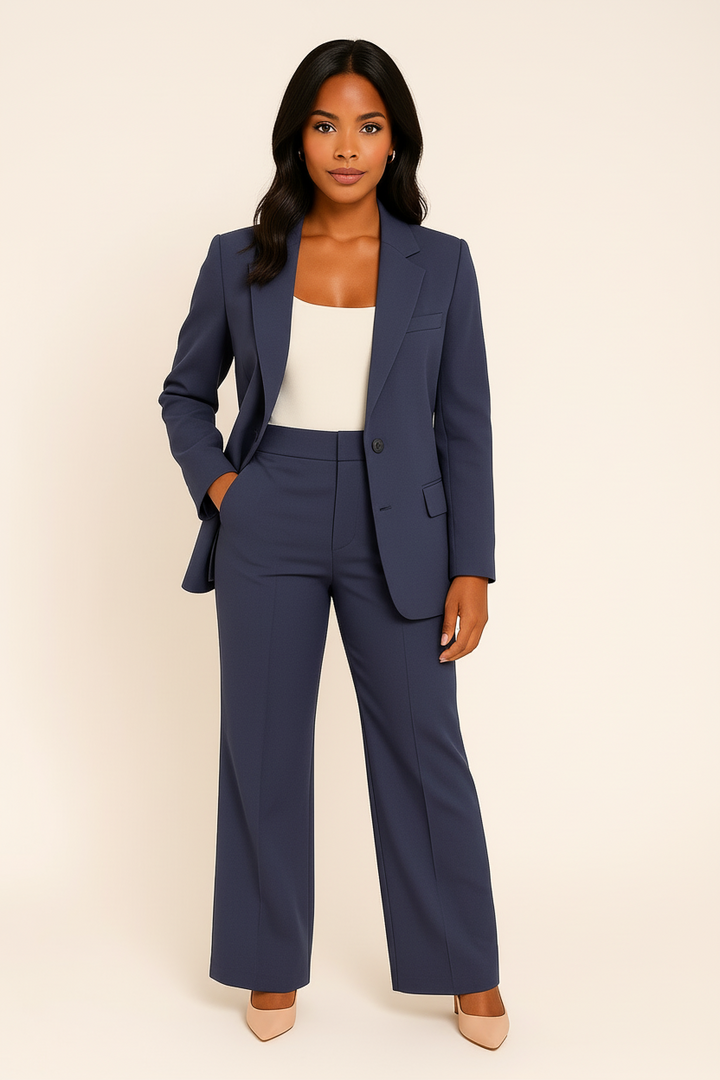 Tailored Single Button Blazer Flare Trouser Suit Set Women