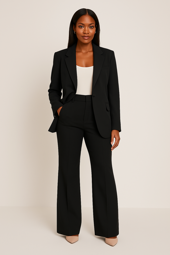Tailored Single Button Blazer Flare Trouser Suit Set Women